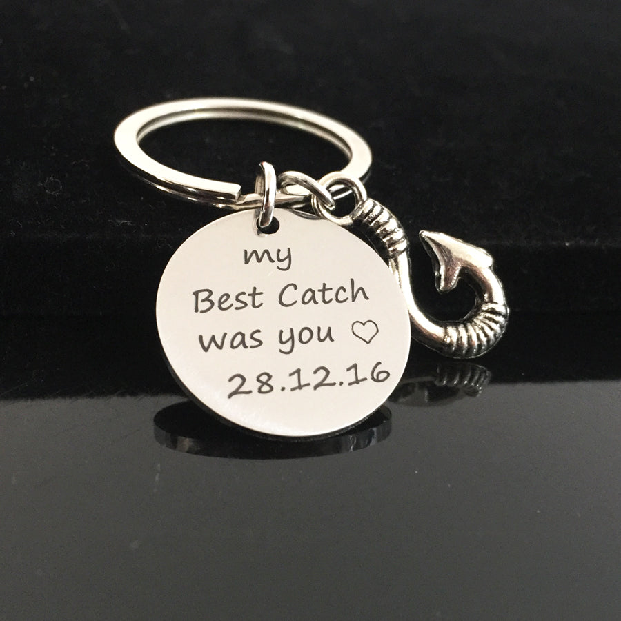 Engraved My Best Catch Was You Fish Hook Keychain with Personalized Da – The  Pal Choice